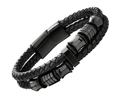Mens Double-row Black Braided Leather Bracelet