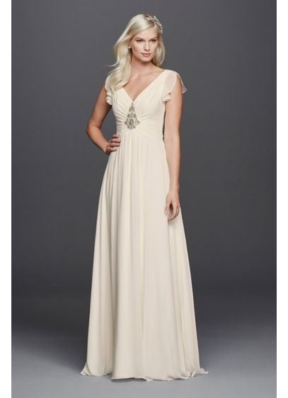 V-Neck Flutter Sleeve Embellished Wedding Dress