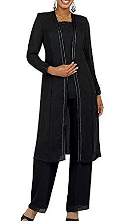 Fitty Lell Women's Chiffon Pant Suits Plus Size 3 Pieces Long Sleeves Mother The Bride Dress 