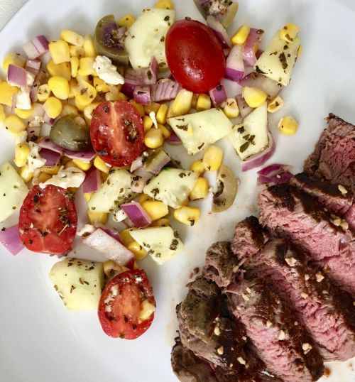 Greek Corn Salad and Grilled Steak