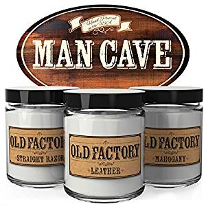 Old Factory Scented Candles - Man Cave - Set of 3: Straight Razor, Leather, and Mahogany