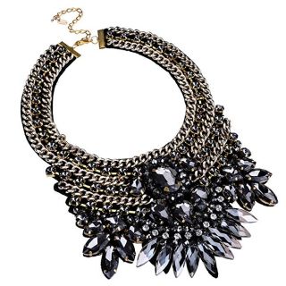 Jerollin Fashion Gold Tone Chain Glass Crystal Charm Chunky Choker Statement Bib Necklace