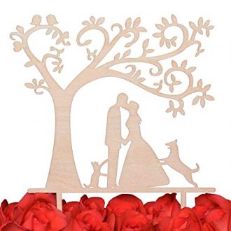 LOVENJOY Gift Box Pack Bride and Groom with Dog and Cat Silhouette Tree Wedding Engagement Cake Topper