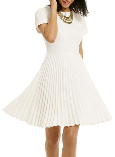 WOOSEA Women's Elegant Pleated Short Sleeves Cocktail Party Swing Dress