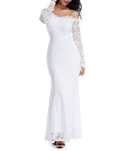 Lalagen Women's Floral Lace Long Sleeve Off Shoulder Wedding Mermaid Dress