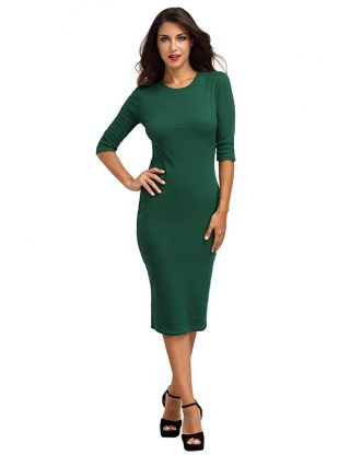 MakeMeChic Women's Solid Half Sleeve Midi Sheath Bodycon Pencil Dress