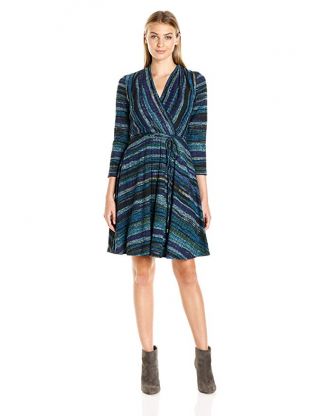 Sandra Darren Women's 3/4 Sleeve V-Neck Faux Wrap Knit Dress