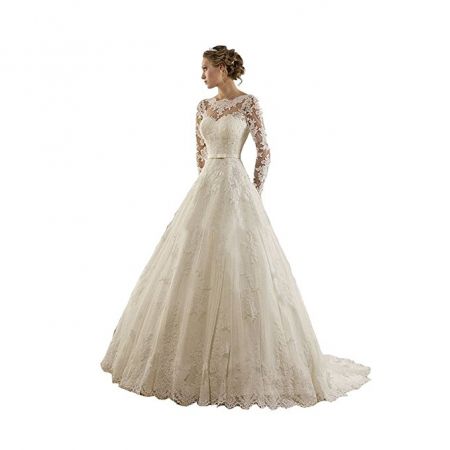 Sunweddingdress Women's Jewel Lace Applique Long Sleeve Chapel Wedding Dress