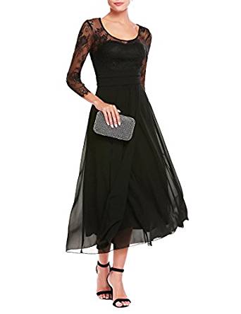 ANGVNS Women's Chiffon Scoop Neck Floral Lace Empire Waist Cocktail Party Dress