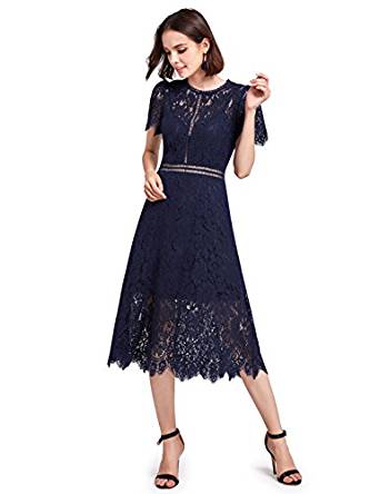 Alisa Pan Round Neck Tea Length Cocktail Lace Dress 