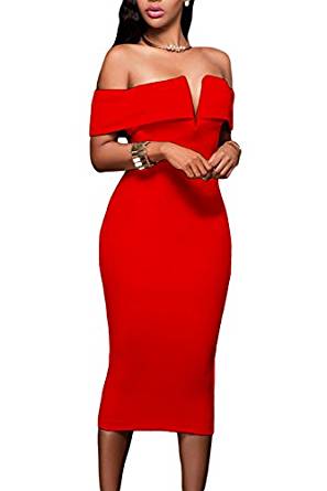 AlvaQ Women's Sexy V Neck Off The Shoulder Evening Bodycon Club Midi Dress