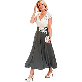 Gotidy Women's Tea-Length Mother of The Bride Dress V Neck Short Sleeve Formal Evening Gown