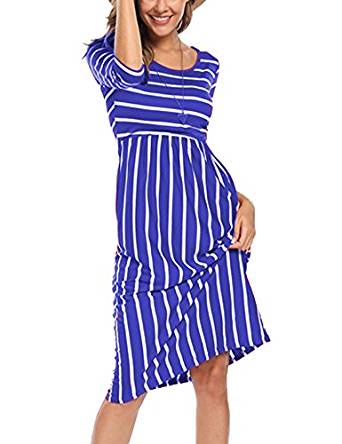 Halife Women's 3 4 Sleeve Stripe Elastic Waist Casual Dress with Pocket