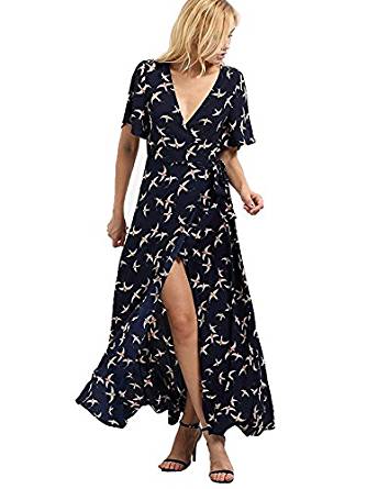 Milumia Women's Boho Deep V Neck Floral Chiffon Wrap Split Long Dress