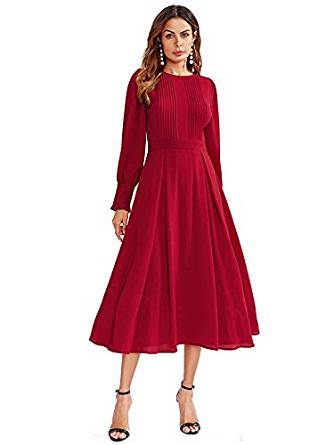 Milumia Women's Elegant Frilled Long Sleeve Pleated Fit & Flare Dress