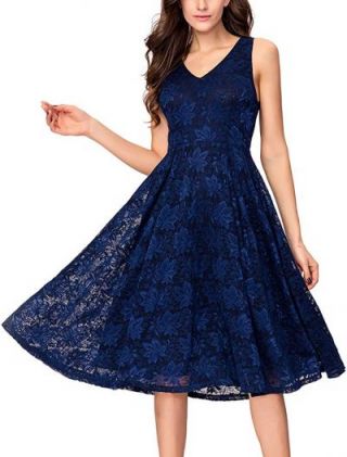 Noctflos Lace V Neck Fit & Flare Cocktail Tea Dress