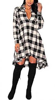 OLRAIN Womens New Plaids Irregular Hem Casual Shirt Dress