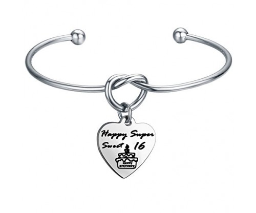 16th Bday Engraved Bracelet with Love Knot and Heart Charm