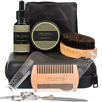 Beard Care Grooming Kit for Men Gift Set - Travel Case, Beard & Mustache Trimming Scissors, Organic Beard Oil Leave-in Conditioner, Shaping Tool, Bib, Brush, Comb, Beard Balm Butter 