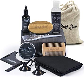 Beard Grooming & Trimming Kit | Beard Brush & Comb, Unscented Beard Oil, Shampoo, Mustache & Beard Balm, Stainless Steel Barber Scissors, Apron & More | Mens Gift Set for Styling, Shaping, Growth