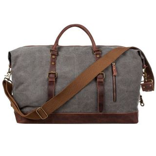 S-ZONE Oversized Canvas Genuine Leather Trim Travel Tote Duffel Shoulder Handbag Weekend Bag