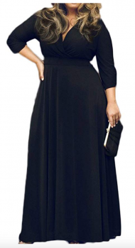 POSESHE Women's Solid V-Neck 3/4 Sleeve Plus Size Evening Party Maxi Dress