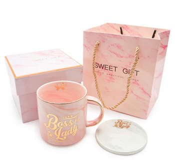 Boss Lady Mugs- Best Christmas and Birthday Gifts for Women Boss Mom- Pink Marble Ceramic Coffee Cup 11.5oz and FREE Coasters