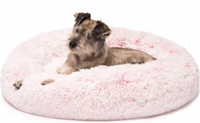 Donut Cat Bed, Faux Fur Dog Beds for Medium Small Dogs - Self Warming Indoor Round Pillow Cuddler Pink & Tan