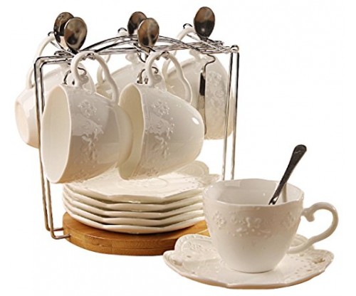 White China Tea Cup and Saucer with Spoon, Set of 6