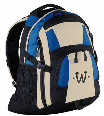 Monogrammed Royal/Black/Stone Urban Backpack, with Black Embroidered Initial W