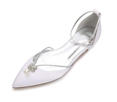 reativesugar Women Flat Dress Shoes, Pointed Toe D'Orsay Ankle Strap with Pearl Crystal Bridal Wedding Flats