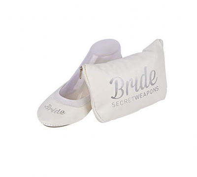 SECRET WEAPONS White Bride Fold Up Ballet Flats-White Foldable Shoes with Bride Print-Cute Purse & Tote Carry Bag!