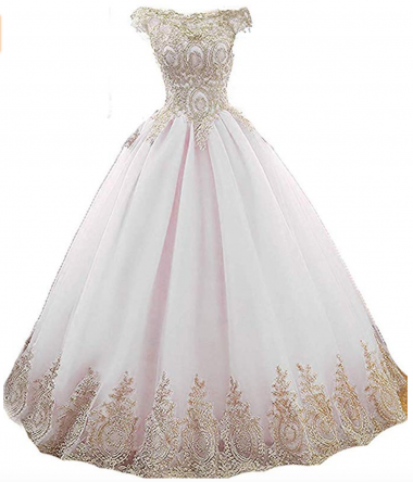 BessDress Gold Lace Appplique Quinceanera Dresses Long Sleeves Prom Ball Gown BD389 