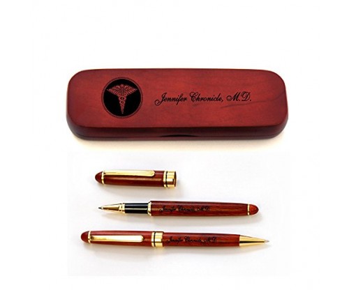 Personalized Rosewood Case and Two Pens for Doctors