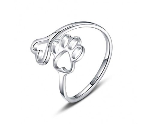 Paw Print Love Heart 925 Sterling Silver Open Ring