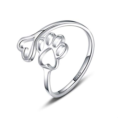 925 Sterling Silver Ring Paw Print Love Heart Open Adjustable Ring Pet
