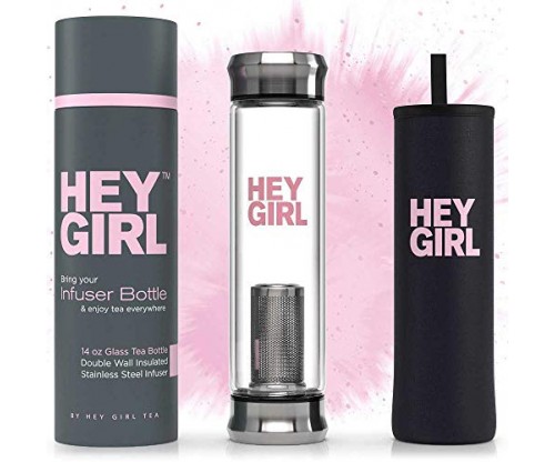 ‘Hey Girl’ Tea Infuser – Insulated Glass Bottle with Tea Strainer