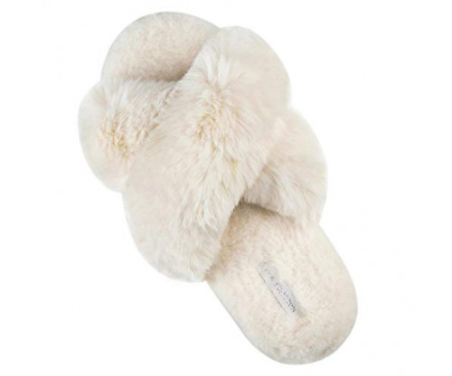HALLUCI Women’s Cross Band Fleece Indoor or Outdoor Slippers