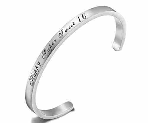 Sweet Sixteen Stainless Steel Engraved Cuff Bangle