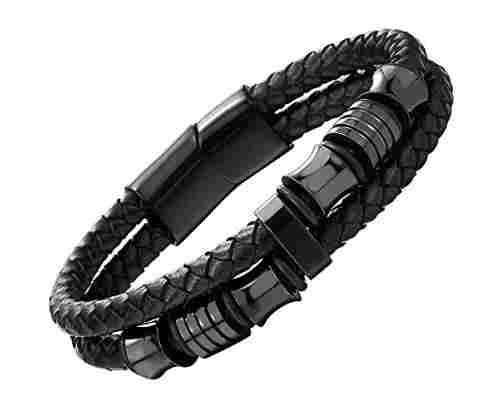 Mens Double-row Black Braided Leather Bracelet
