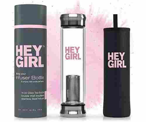 ‘Hey Girl’ Tea Infuser – Insulated Glass Bottle with Tea Strainer